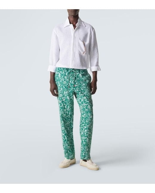 Kiton Blue Printed Linen Pants for men