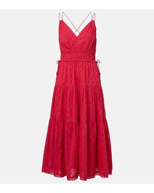 Ulla Johnson Red Freya Polka-Dot Cotton Dobby Midi Dress