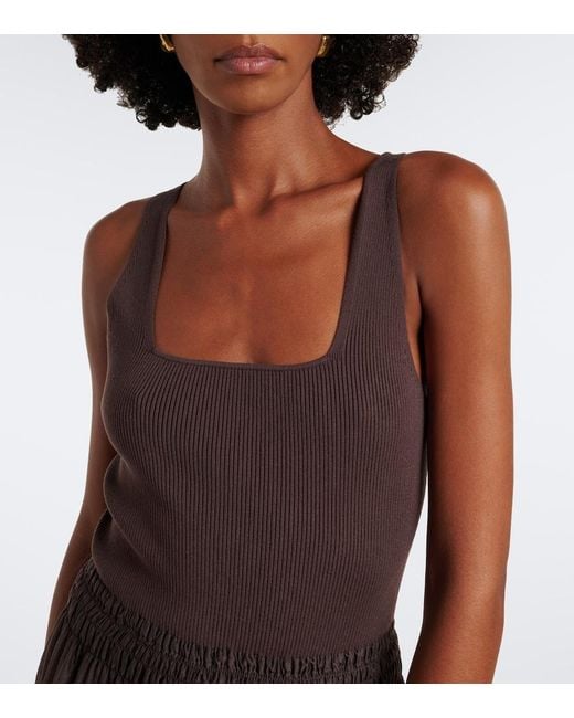 Vince Brown Shirred Ribbed-Knit Midi Dress