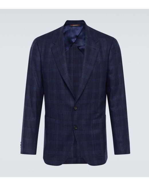 Canali Blue Kei Checked Silk And Wool Blazer for men