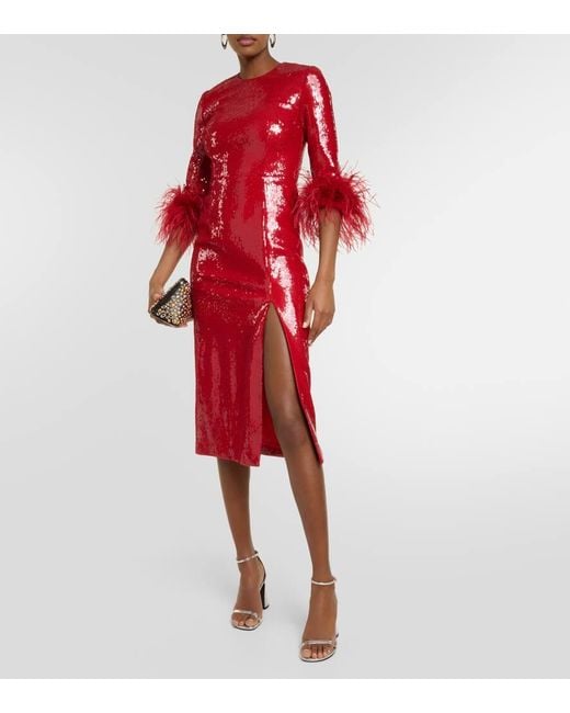 Rebecca Vallance Red Nika Feather-Trimmed Sequined Midi Dress