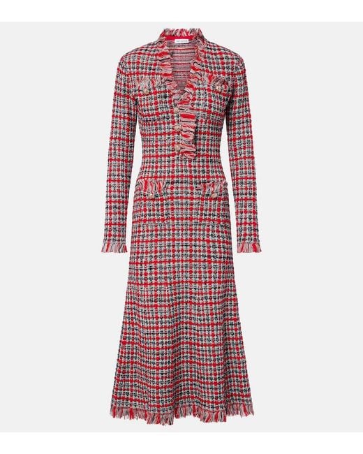 Self-Portrait Red Checked Frayed Knitted Midi Dress