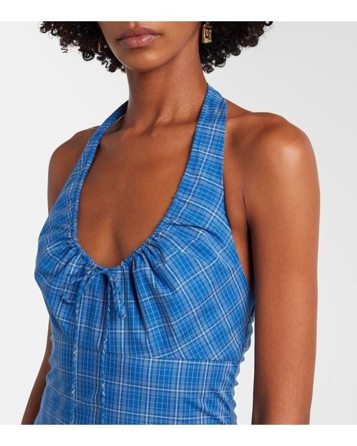 Faithfull The Brand Blue Del Ros Plaid Halterneck Cotton Midi Dress