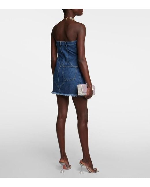 Area Blue Strapless Floral-appliquéd Denim Mini Dress