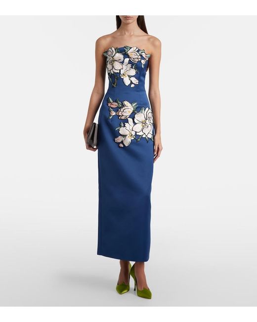 LEO LIN Blue Ava Floral-Applique Strapless Midi Dress