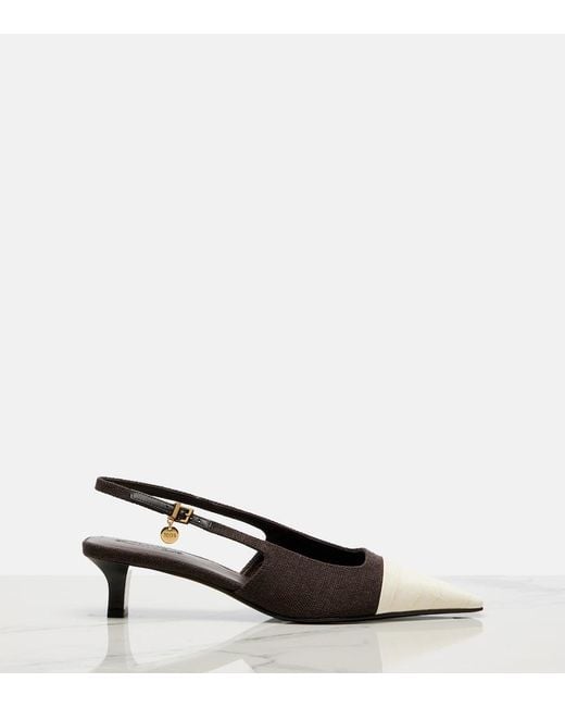 Tod's Brown Leather-Trimmed Canvas Slingback Pumps