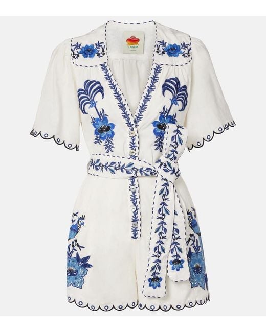 Farm Rio Blue Embroidered Linen-Blend Romper