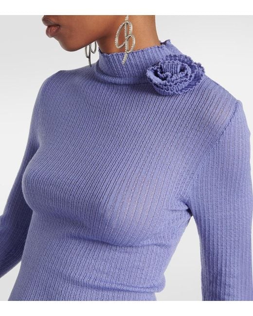 Blumarine Blue Ruffle-Trimmed Ribbed-Knit Wool Sweater