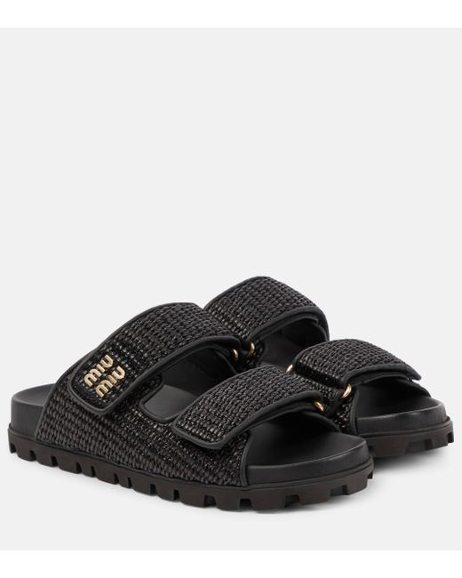 Miu Miu Logo Raffia Effect Sandals in Black Lyst UK