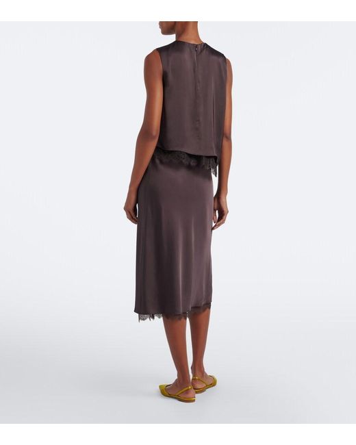 Vince Brown Lace-Trimmed Satin Midi Skirt