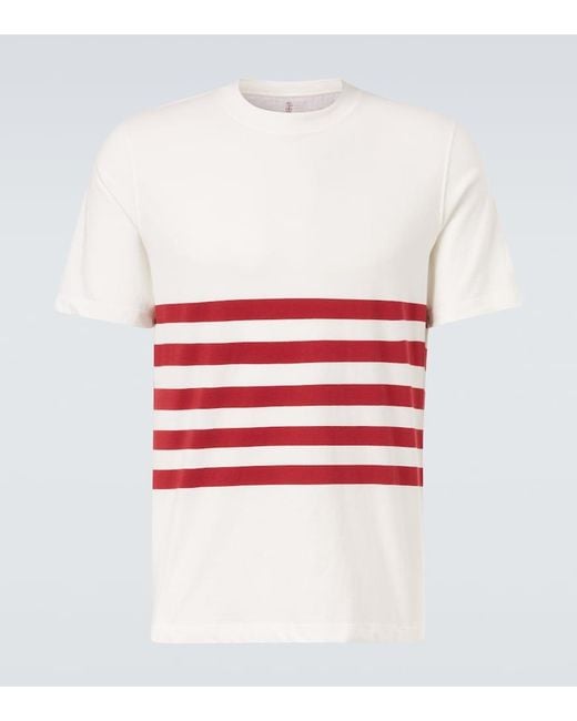 Brunello Cucinelli White Striped Cotton Jersey T-Shirt for men