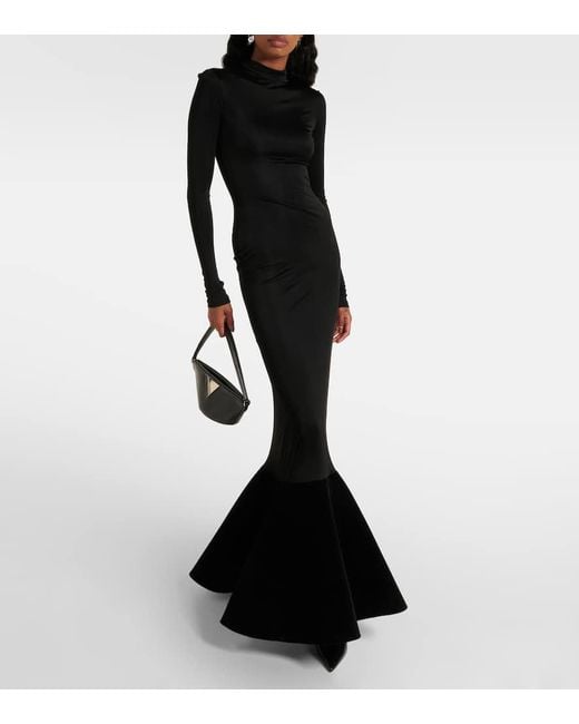 David Koma Black Flounced Velvet And Jersey Gown