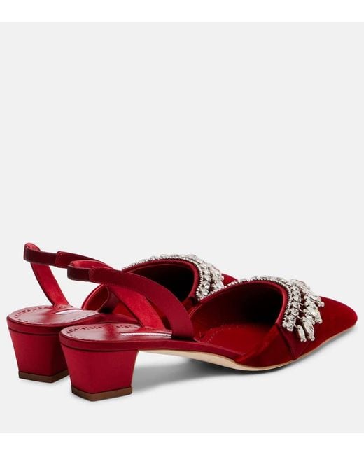 Manolo Blahnik Red Bequila 30 Embellished Velvet Slingback Pumps