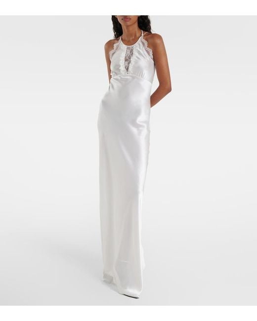 Rodarte White Bridal Floral-Applique Lace-Trimmed Silk Gown