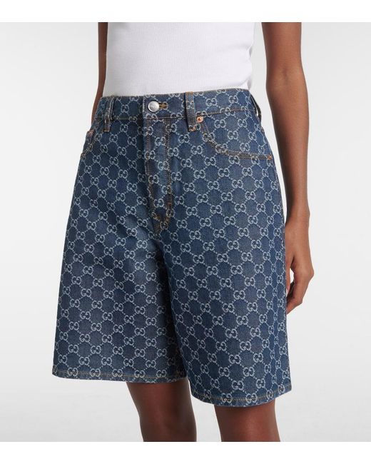 Gucci Blue Jeansshorts Mit Leder