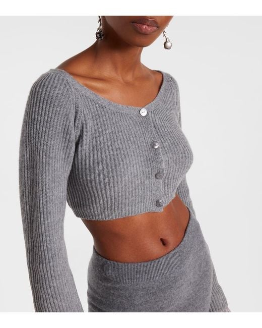 Blumarine Gray Cropped Ribbed-Knit Wool Cardigan
