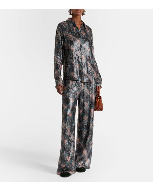 Dries Van Noten Gray Checked Sequined Palazzo Pants