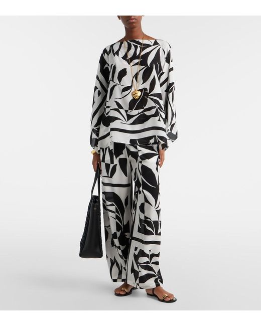 Max Mara White Voto Printed Silk Palazzo Pants