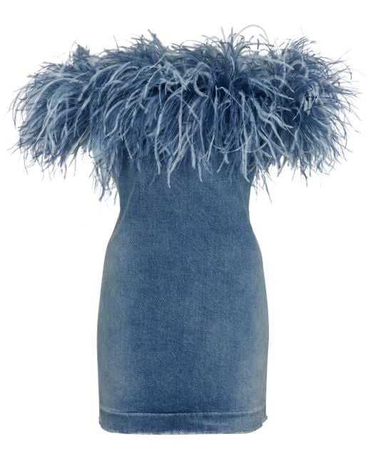 Robe en denim à encolure bardot et plumes Saint Laurent en coloris Blue