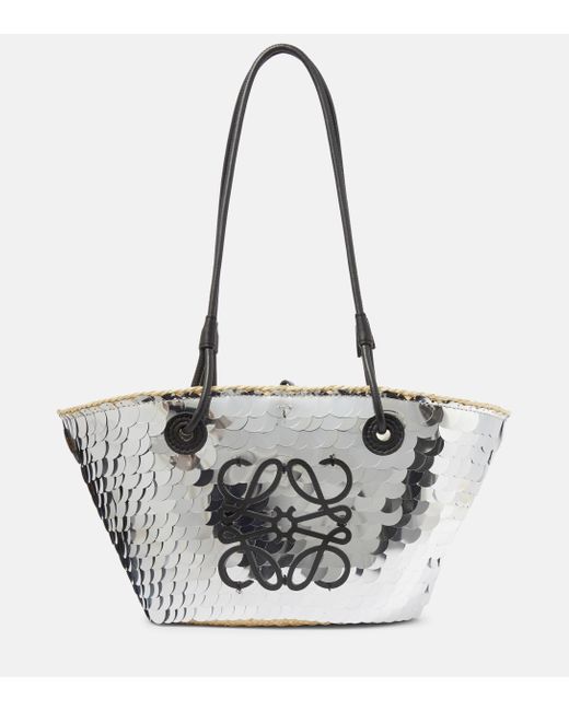 Loewe White Paula's Ibiza Anagram Small Sequined Basket Bag