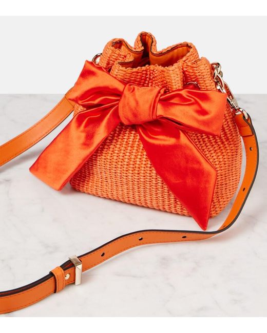 Jimmy Choo Orange Bon Bon Bow-Detail Raffia Bucket Bag