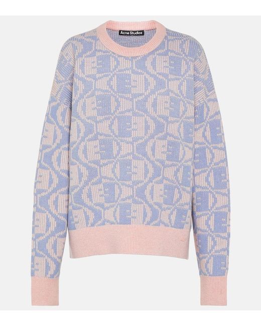 Acne Blue Katch Cotton And Wool Jacquard Sweater