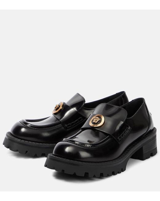 Versace Black Women Logo Leather Platform Loafers