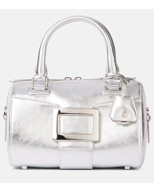 Roger Vivier White Tote Bag Belle Vivier Mini Aus Metallic-Leder