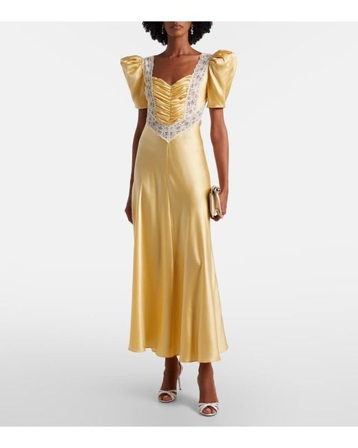 Rodarte Metallic Lace-Trimmed Ruched Silk Satin Maxi Dress