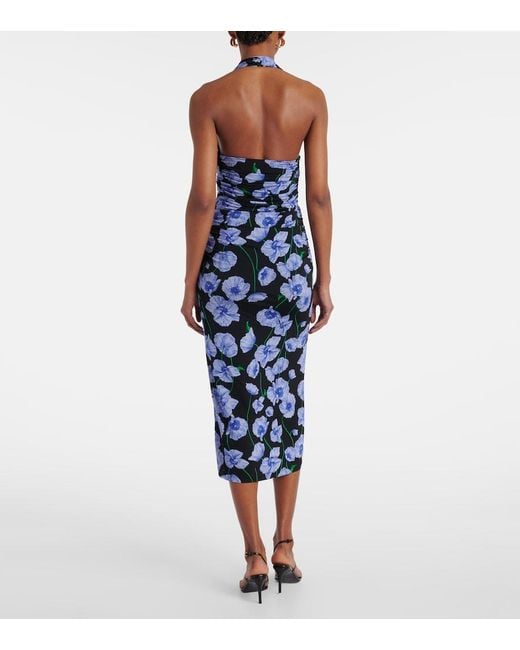 Carolina Herrera Blue Floral Gathered Midi Dress