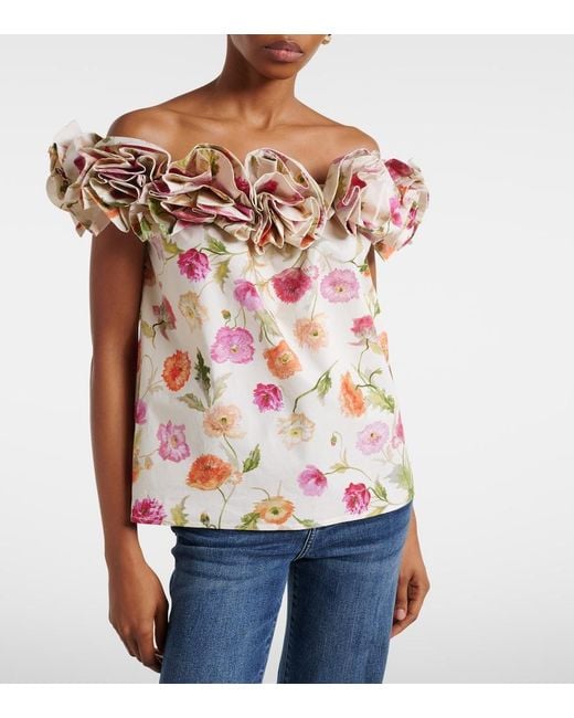 Carolina Herrera White Floral-Applique Off-Shoulder Cotton-Blend Top