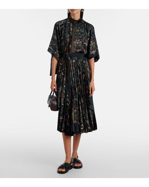 Sacai Black Floral Pleated Midi Skirt