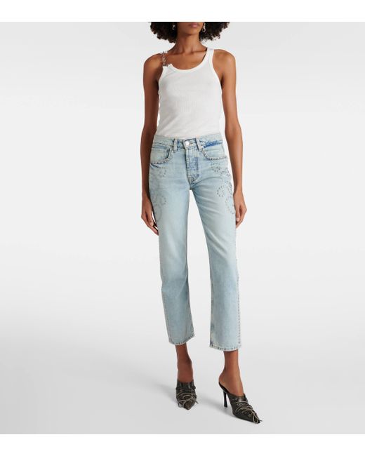 7 For All Mankind Blue Trucker Studded Straight Jeans