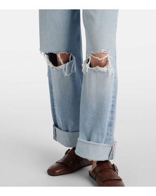 Citizens of Humanity Blue Ayla Distressed Mid-Rise Wide-Leg Jeans