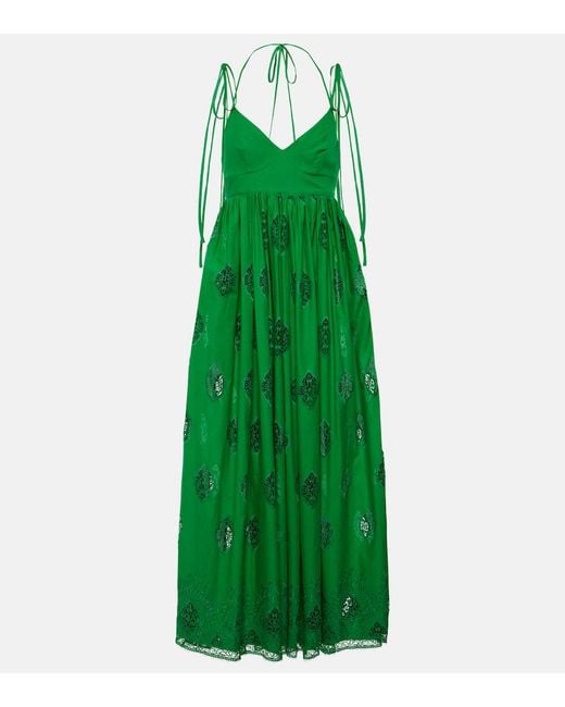 Erdem Green Embroidered Cotton-Blend Midi Dress