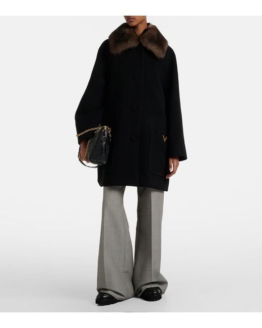 Valentino Black Shearling-Trimmed Virgin Wool Coat