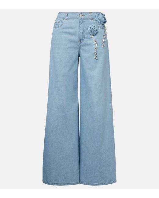 Area Blue Embellished Floral-Applique Wide-Leg Jeans