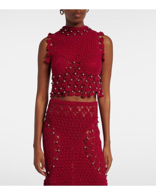 Rabanne Red Embellished Crochet Cotton Top