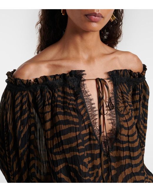 Blumarine Black Lace-Trimmed Zebra-Print Chiffon Top