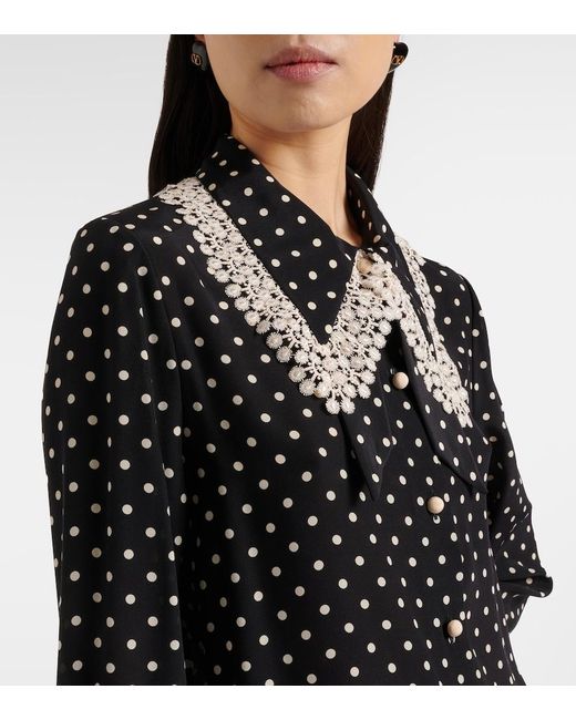Valentino Black Polka-Dot Lace-Trimmed Silk Shirt Dress