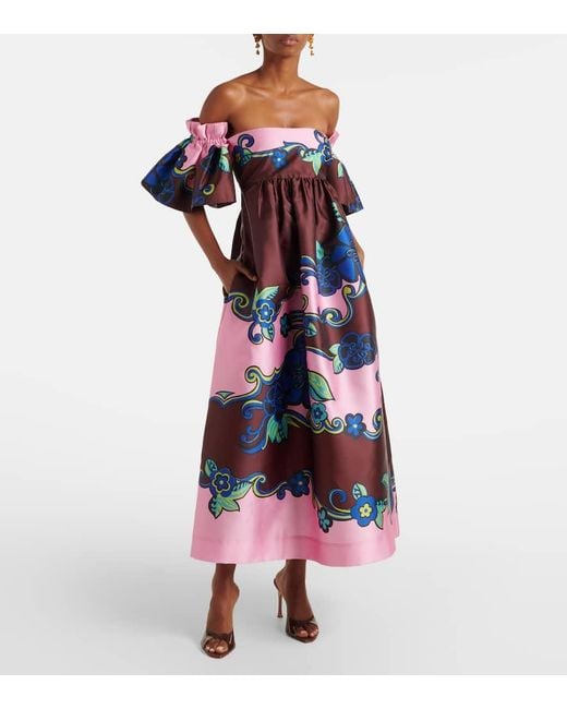 ALÉMAIS Multicolor Floral Off-Shoulder Satin Maxi Dress