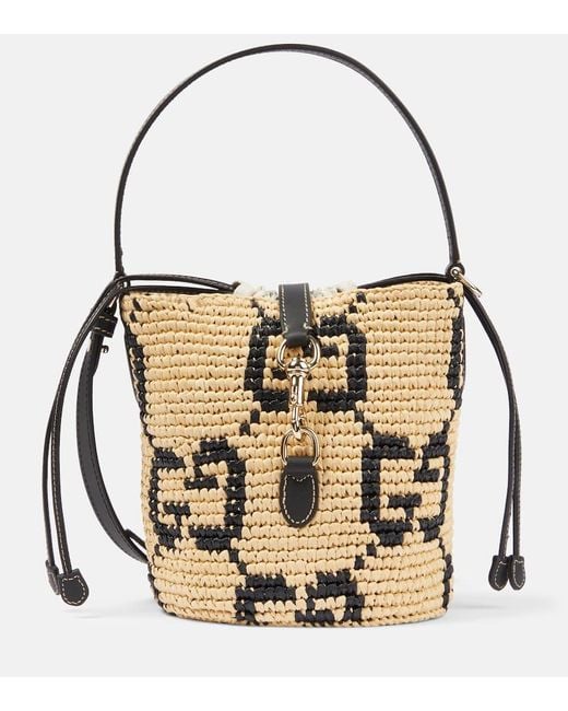 Gucci Metallic Gg Mini Raffia-Effect Bucket Bag