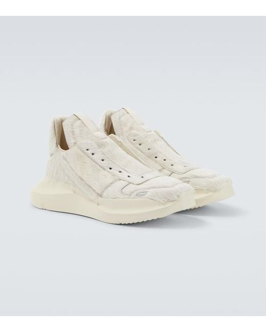 Rick Owens White Calf Hair Sneakers for men