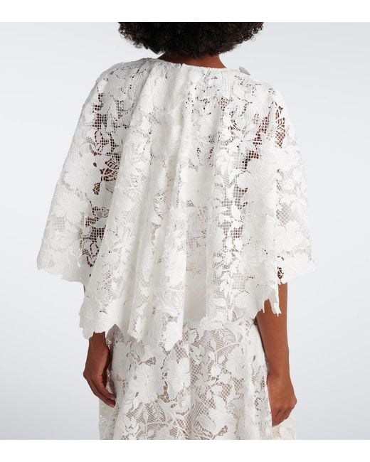 Oscar de la Renta White Caped Floral Guipure Lace Gown