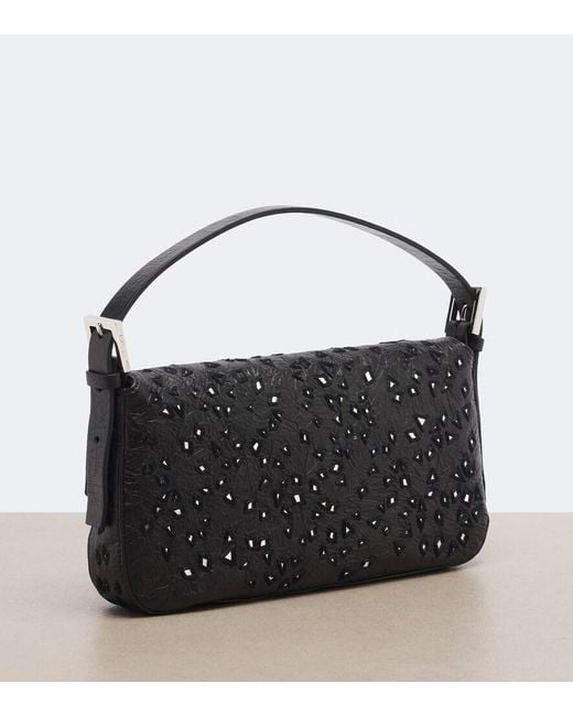 Fendi Black Baguette 26424 Small Embellished Leather Shoulder Bag