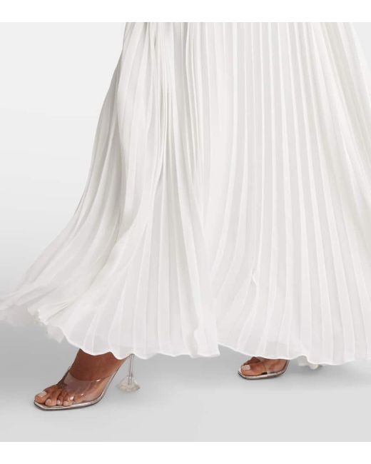 Self-Portrait White Bridal Floral-applique Pleated Chiffon Maxi Dress