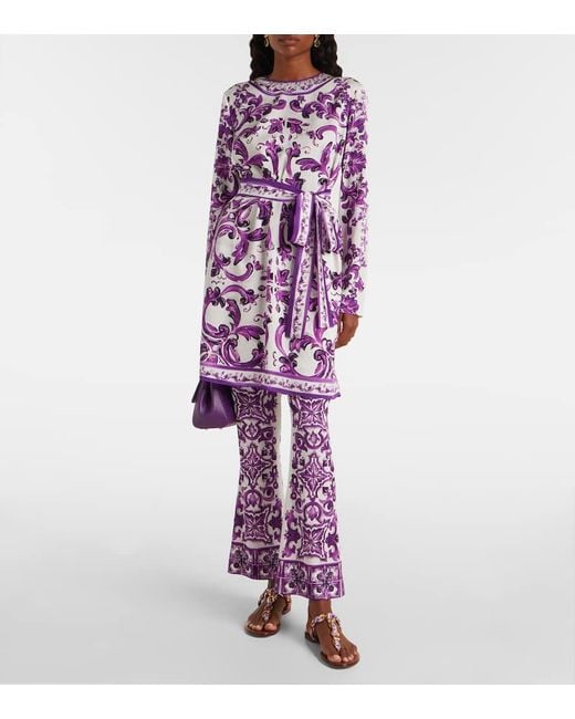 Dolce & Gabbana Purple Majolica Print Silk Trousers
