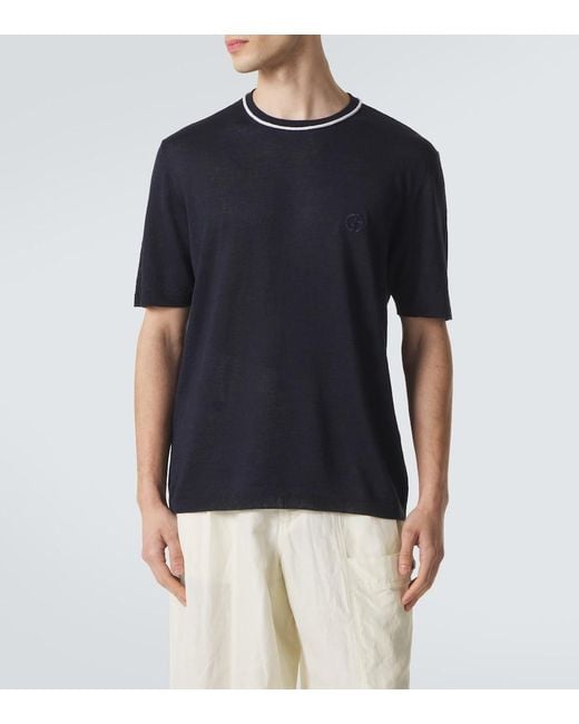 Giorgio Armani Blue Logo Linen And Silk T-Shirt for men