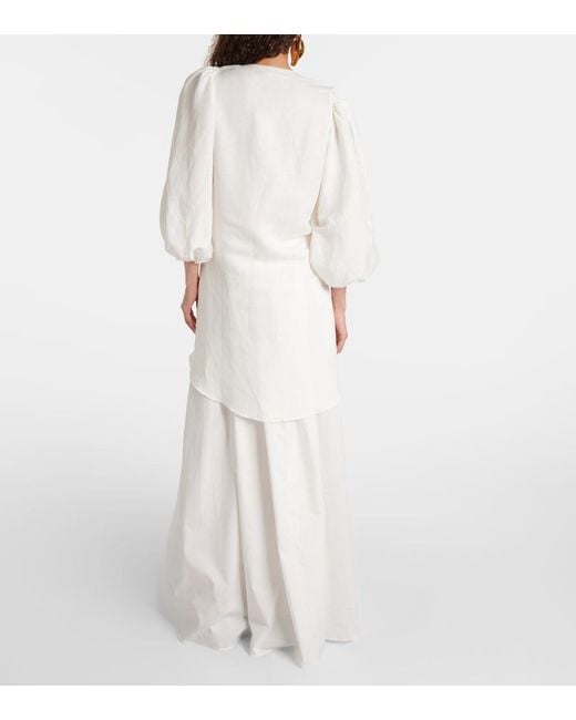 Adriana Degreas White Puff-Sleeve Linen-Blend Blouse