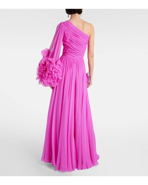 Costarellos Pink One-shoulder Ruffled Silk Gown